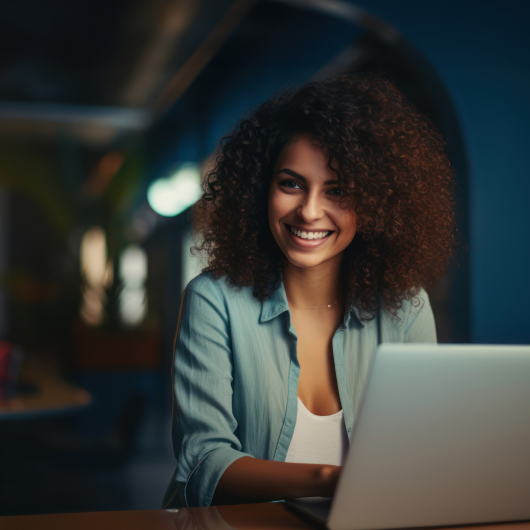 A person smiling while working on a laptop